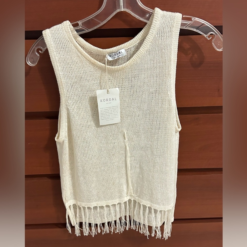NWT VINTAGE KORDAL NEW YORK 100% Linen Rare TankTop Blouse with Fringe Size S